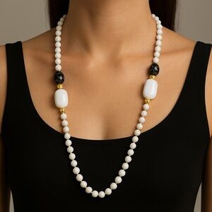 White Black Gold Bead Necklace Chunky 39” long